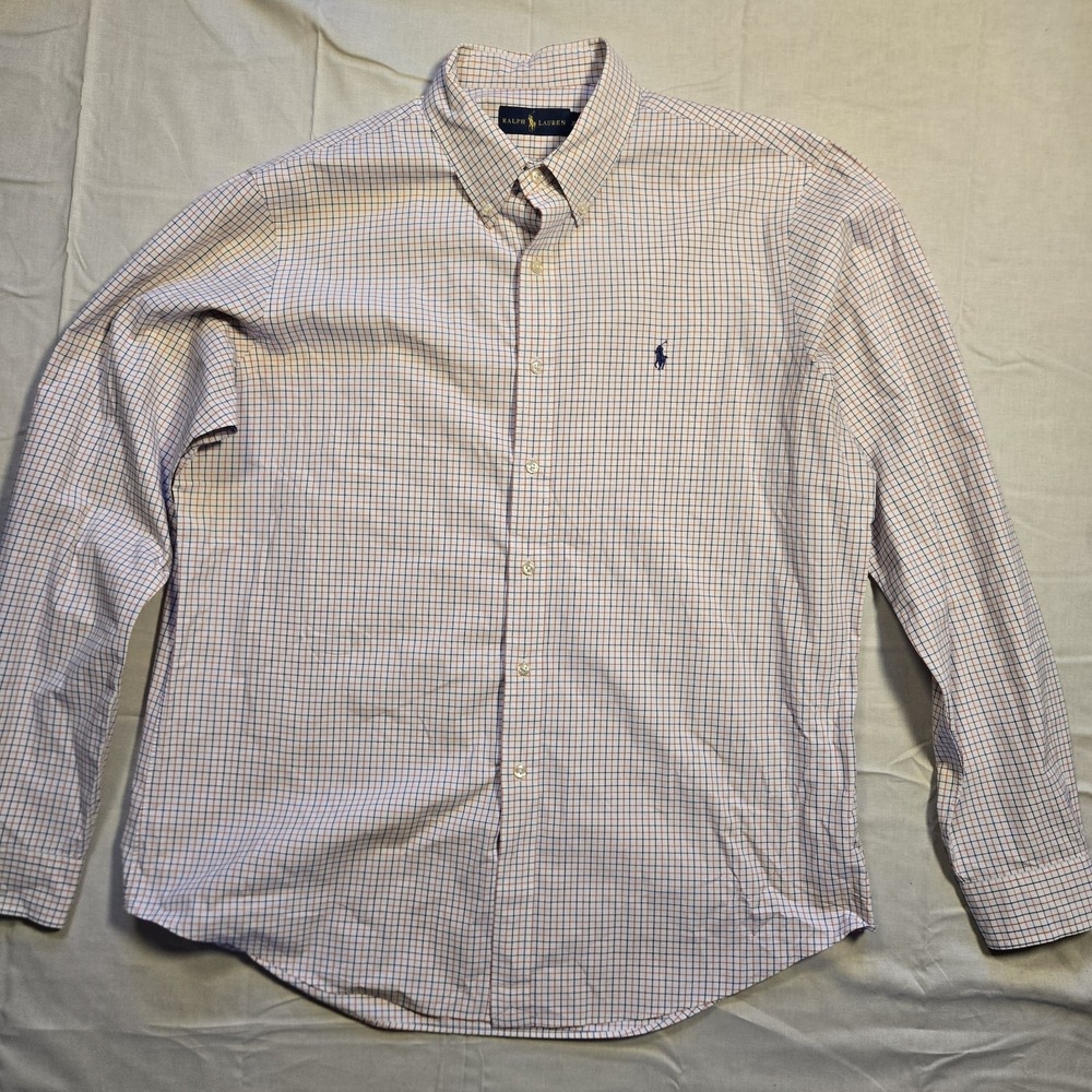 Ralph Lauren Shirt Mens XL White Blue Orange Plaid Button Down Blue Pony